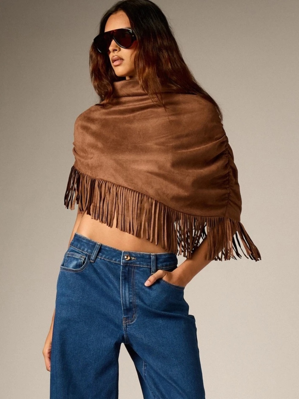 AiiRZ Faux Suede Fringe Trim Wrap Shawl Crop Top High Neck Ruched Sleeve Boho